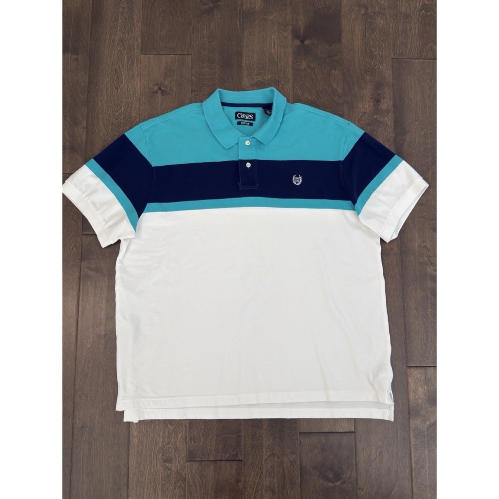 Chaps Classic Fit Stretch Mens Blue/White Striped Polo Shirt Size 2XL Crest Logo